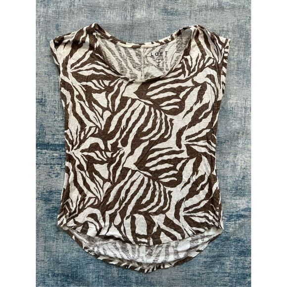 Ann Taylor Loft Brown White Abstract Zebra Pattern 100% Linen Short Sleeve Tee S - Picture 1 of 7